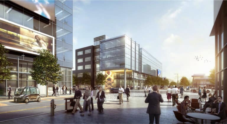 Rendering of a group of people walking in the Panasonic development.