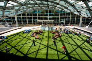 Visitors play frisbee, relax on patio furniture, and walk on the grass at DEN’s Park on the Plaza between the Jeppesen Terminal and Westin Hotel on a sunny day; the “Field of Air” art installation by Ned Kahn lines the plaza as passengers are seen moving between the train platform escalators and the terminal.