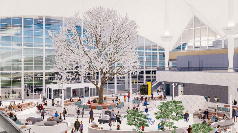 A rendering of the future Great Hall in Jeppesen Terminal